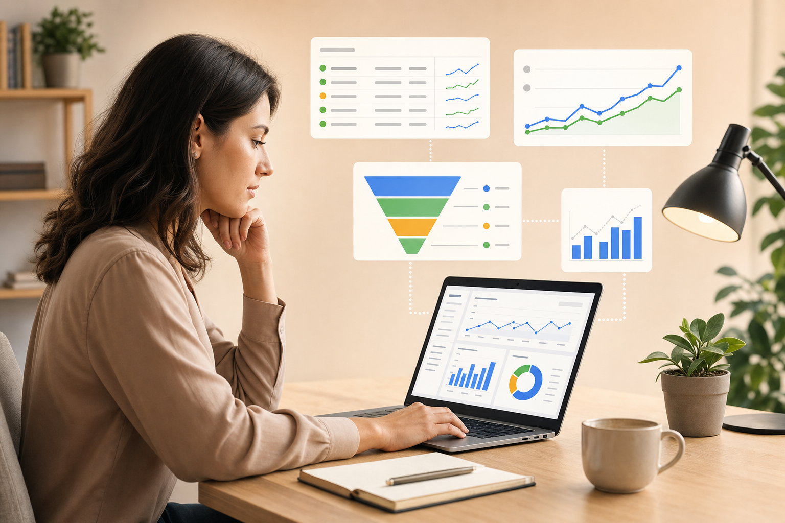 Marketing strategist reviewing Google Ads campaign keyword and conversion data