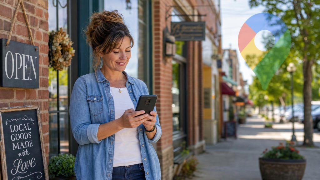 Smiling woman in a denim shirt stands outside a brick shop, looking at her smartphone, with an OPEN sign on the wall nearby.