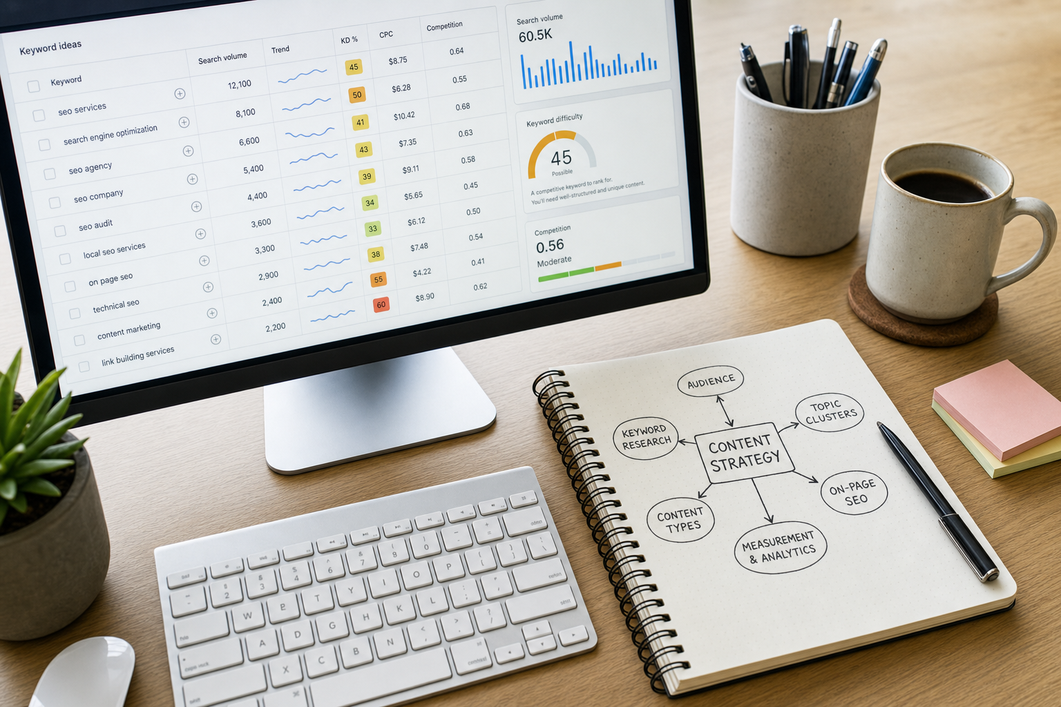 SEO keyword research and content strategy mapped out on a desk with laptop and notepad
