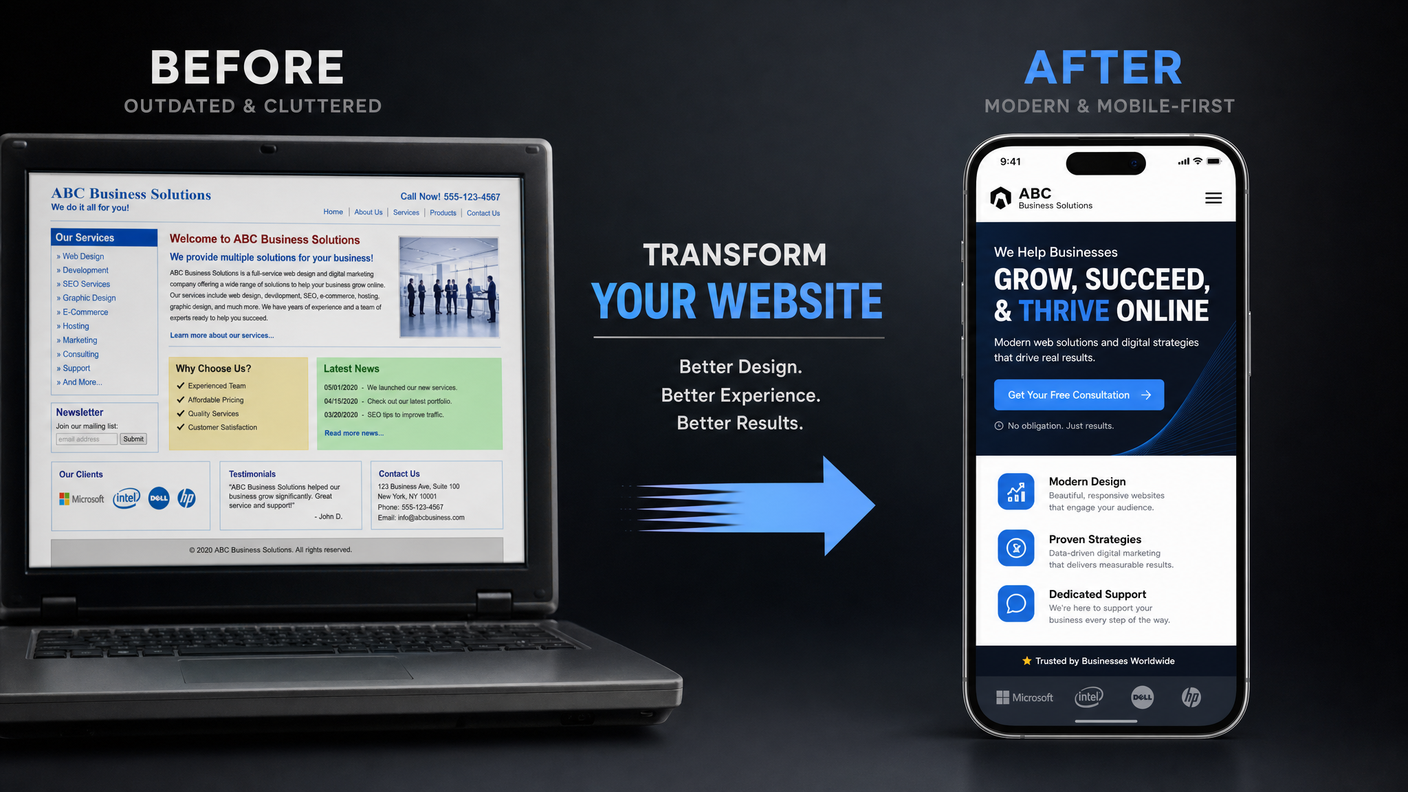 Before and after example of website design and development — outdated site versus a modern mobile-first redesign