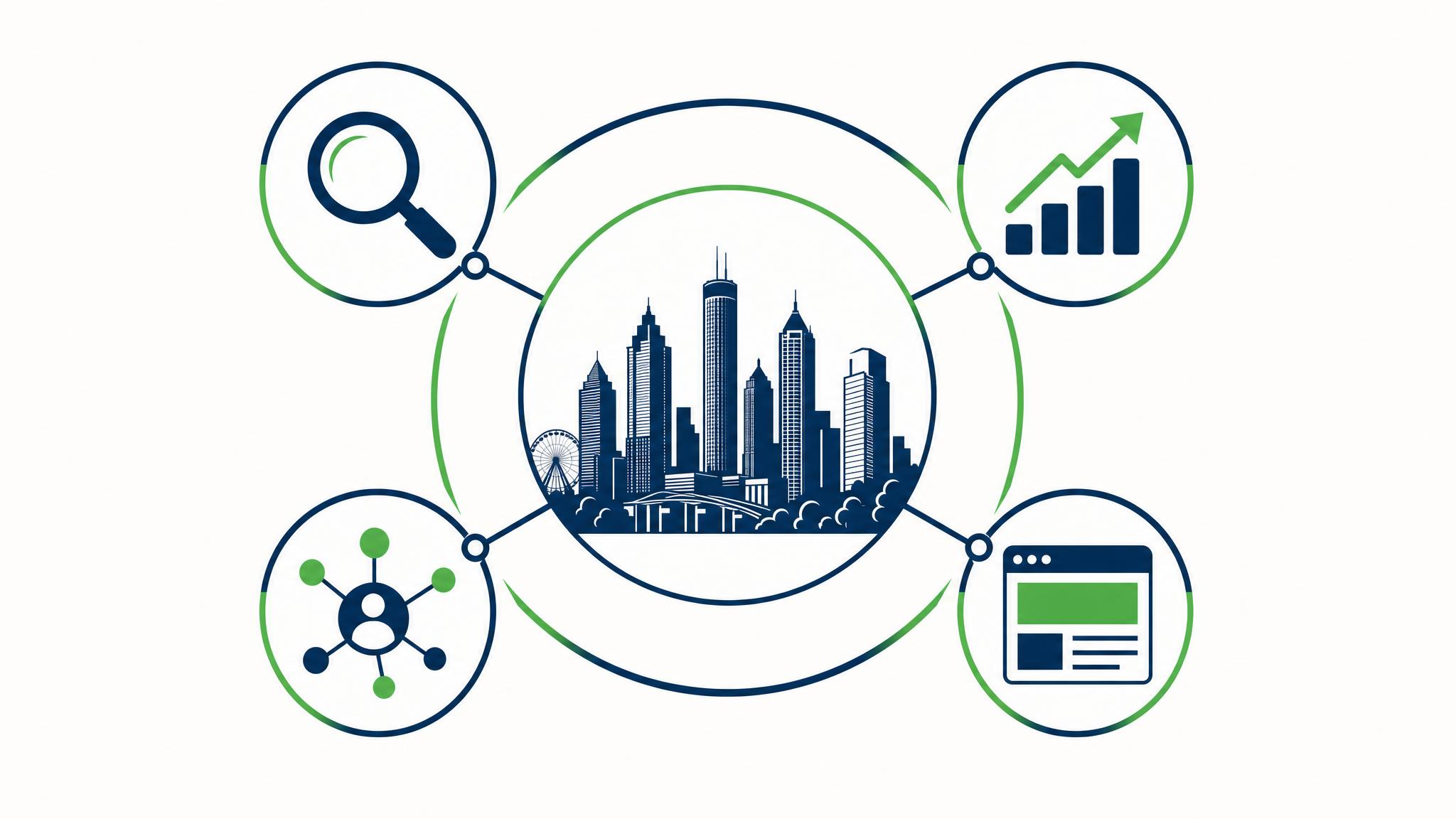 Digital marketing services illustration showing SEO, paid ads, social media, and web design icons connected to an Atlanta city skyline
