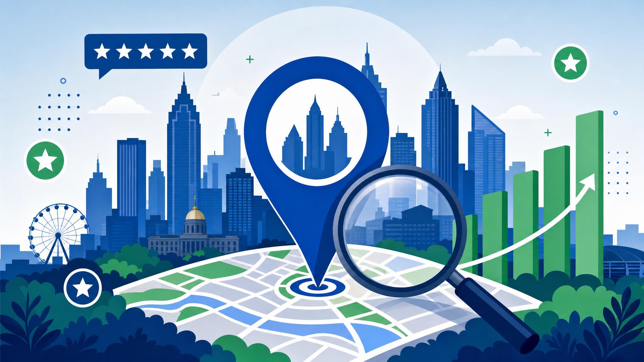 Local SEO illustration showing a map pin over an Atlanta city skyline with search ranking bars and review stars
