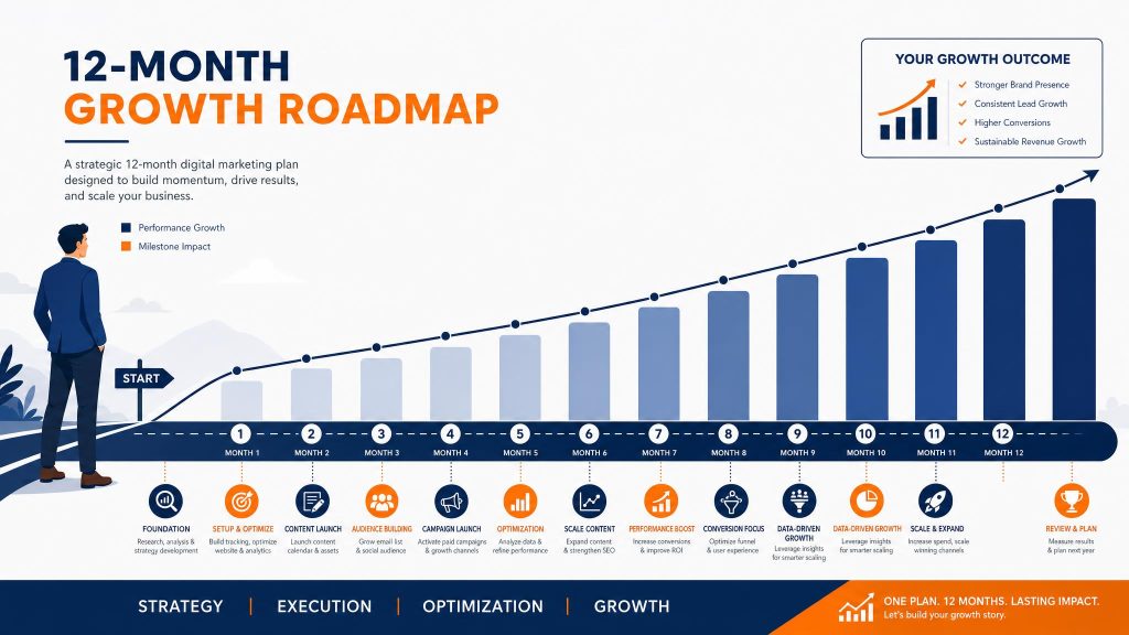 SEO results timeline roadmap showing growth from month 1 through month 12