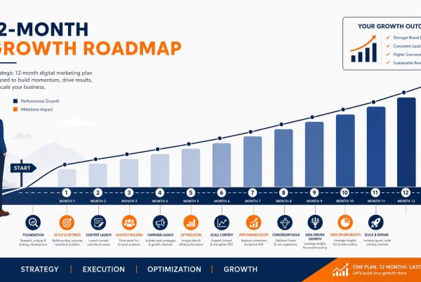 SEO results timeline roadmap showing growth from month 1 through month 12