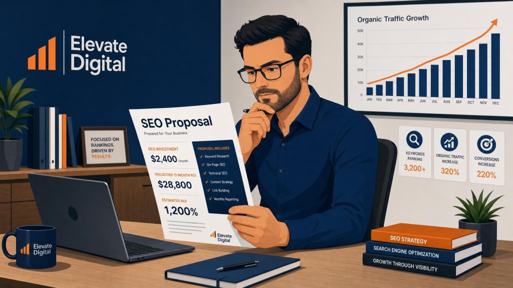 Man in blue shirt reviews an SEO proposal at a desk in an office with a chart showing Organic Traffic Growth on the wall behind him.