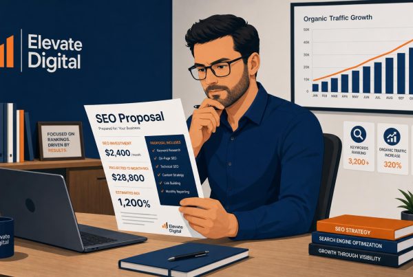 Man in blue shirt reviews an SEO proposal at a desk in an office with a chart showing Organic Traffic Growth on the wall behind him.