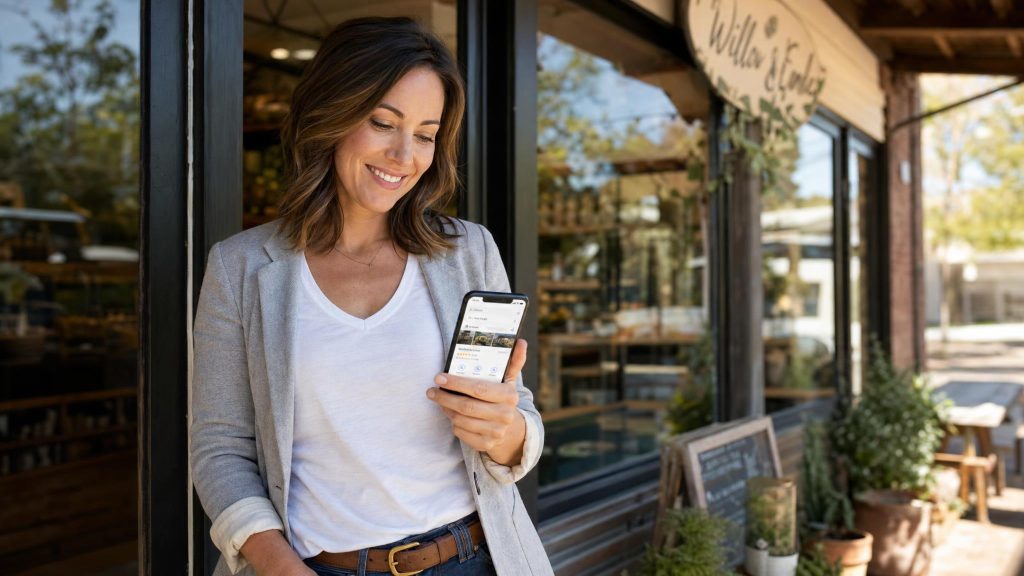 Small business owner checking her Google local search ranking on her smartphone outside her storefront
