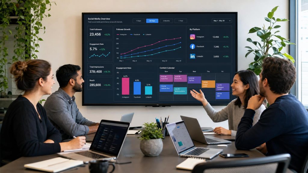 Team of five collaborating in a conference room, viewing a large dashboard with social media metrics.