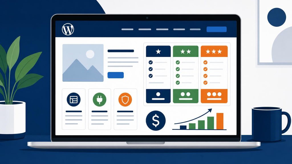 WordPress website cost pricing breakdown showing tiers and components on a laptop screen