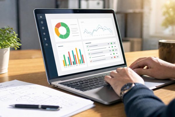 Business owner reviewing an seo audit report on a laptop with charts and checklists
