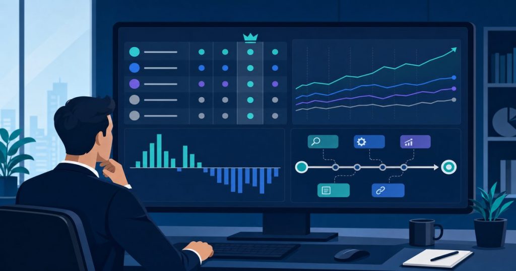 Business professional analyzing seo competitor analysis data on a large monitor with SERP comparison charts and keyword gap graphs