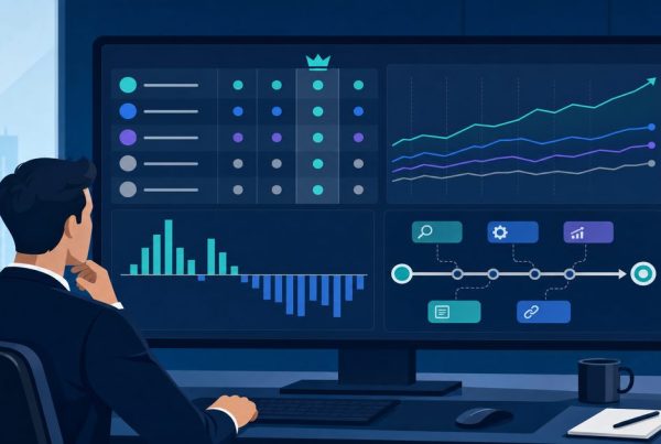 Business professional analyzing seo competitor analysis data on a large monitor with SERP comparison charts and keyword gap graphs